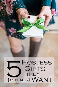 a woman holding a white gift box with green ribbon and the words 5 hostess gifts they actually want