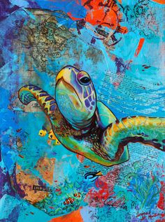 a painting of a turtle swimming in the ocean