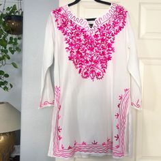 Beautiful Tunic/ Cover Up. Never Worn. One Size Fits Most. White Chikankari Embroidery Top For Beach, Pink Tunic Cover-up For Beach, Embroidered Tunic For Spring Beach Cover-up, Embroidered Long Sleeve Kaftan For Beach Cover-up, Spring Embroidered Tunic For Beach Cover-up, Pink Bohemian Tunic Cover-up, Embroidered Tunic, Free Size, Pink White