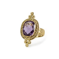 Inspired by the alluring designs of antique jewelry styles, the Juno Amethyst Ring is cast from 18 kt gold over sterling silver and set with a genuine 14mm. rectangular faceted Amethyst cabochon that is bezel-set in a handmade twisted frame. Understated and elegant, this 100% handmade in Italy 18 kt Gold Over Sterling Silver ring is perfect to be stand out of the crowd on any special occasion. Presented in a Vintouch Italy signature packaging. Vintouch Jewelry pieces are extremely resistant and Luxury Yellow Gold Amethyst Ring With Bezel Setting, Luxury Purple Amethyst Rectangular Ring, Luxury Purple Amethyst Ring, Rectangular Shape, Luxury Purple Rectangular Amethyst Ring, Elegant Rectangular Amethyst Ring In Yellow Gold, Luxury Gold Amethyst Ring With Bezel Setting, Yellow Gold Amethyst Ring With Rectangular Shape, Luxury Rectangular Amethyst Ring, Rectangular Amethyst Ring In Yellow Gold