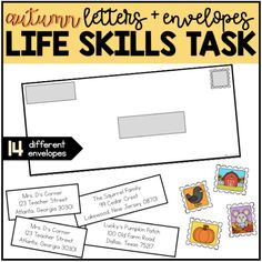 the autumn letters and envelopes life skills task is shown in this graphic file, which includes