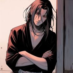 an anime character with long hair and red eyes standing in front of a door, arms crossed