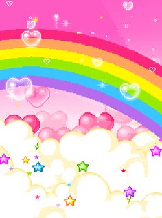 an animated rainbow with hearts and stars in the sky