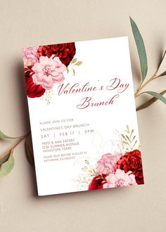 Editable Valentine's day brunch invitation perfect for your next birthday party or birthday get together. This Valentine's invitation can be edited yourself using Canva. If you choose to print yourself the print size is 5x7 and can be printed on cardstock invitation paper. You can also have the completed file taken to your local print shop and have them print. Can also be saved as an image to use as a text invitation or email invitation. All the wording is editable. Details: Valentine's Day brunch invitation with pink and red floral design. Great to use for a Valentine's day get together, Valentine's birthday, brunch or any other Valentine related theme. HOW IT WORKS: ♥ Once purchased, you will receive a link that will take you to Canva.com where you will be able to edit the template. You Valentine Dinner Party, Valentines Brunch, Valentine Invitations, Email Invitation, Valentine Dinner, 27th Birthday, Valentines Day Dinner, Invitation Pink, Birthday Brunch