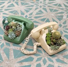 two telephones with succulent plants in them on a mosaic tile floor, one is green and the other is beige