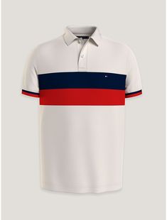 Tommy Hilfiger men's polo. Spun from a bubble stitch jacquard weave, our classic polo has a soft, textured hand feel, and features colorblock stripes at the chest.  Material: 100% Transitional Cotton ,  In-conversion. White Polo Shirt With Horizontal Stripes, White Collared Polo Shirt With Signature Stripes, White Color Block Polo Shirt, White Polo Collar Top With Horizontal Stripes, Bubble Stitch, Jacquard Weave, Tommy Hilfiger Man, Men's Polo, Sweater Top