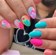 Bright Bold Nail Designs, Funky Dip Nails, Bright Summer Nails Almond, Tropical Summer Nails, Summer Nails 2023, Nails Art Designs, Summer Gel Nails, Watermelon Nails, Summer Nail Designs