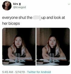 a woman sitting at a table with a book in front of her and two photos of herself