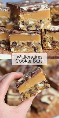 there are many pieces of cookie bars stacked on top of each other with nuts in the middle