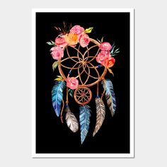 an image of a dream catcher with flowers and feathers on black background, framed in white frame