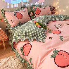 a pink bed with green and white checkered bedspread, pillows and stuffed animals