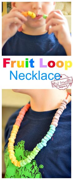 a young boy eating fruit loop necklaces with the words, fruit loop necklaces