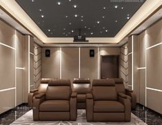 an empty theater room with two recliners