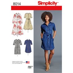 a woman's dress and shirt sewing pattern from the front, with an image of her