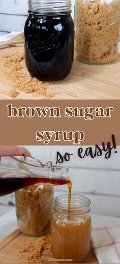 two jars filled with brown sugar syrup on top of a wooden cutting board