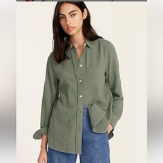 J.Crew Gauzy Linen Shirt. Moss (Olive Green) 2 New With Tags Everyday Khaki Fall Shirt, Everyday Fall Khaki Shirt, Casual Olive Long Sleeve Shirt, Everyday Khaki Shirt For Fall, Everyday Long Sleeve Khaki Shirt, Green Everyday Shirt With Pockets, Everyday Green Shirt With Pockets, Green Shirt With Pockets For Everyday, Green Relaxed Button-up Top