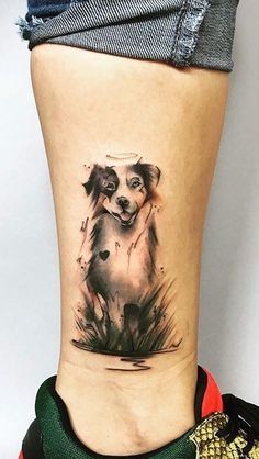 a small dog tattoo on the side of a woman's lower back ribcage