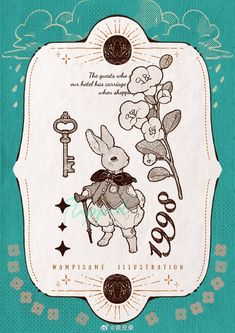 a card with an image of a rabbit holding a key and flowers on it's back