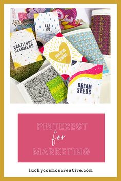 image shows a an image of colorful printed cards with the caption, "Pinterest for Marketing." Sweet Post, Graphic Design Business, Design Basics