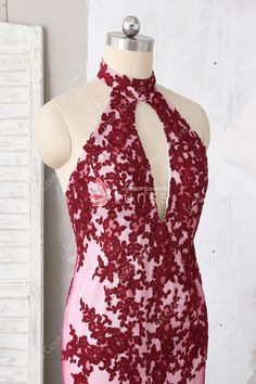 Burgundy Halter Lace Mermaid Dress with Open Back 3D Rose Flower Sweep Train - Lunss Couture Wine Prom Dress, Designer Prom Dress, Burgundy Bra, Trumpet Prom Dress, Lace Mermaid Dress, Popular Prom Dresses, Trumpet Dress, Trumpet Skirt, Unique Prom Dresses