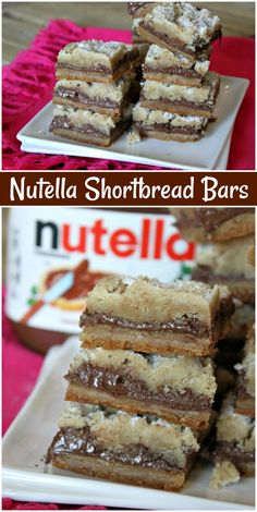 nutella shortbread bars are stacked on top of each other and ready to be eaten