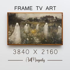 the frame tv art is displayed in front of a white wall with an image of three ghost