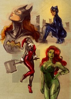 three different colored images of women in costumes and catsuits, one with red hair