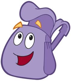 a purple backpack with a hat on it's head is smiling and has eyes wide open