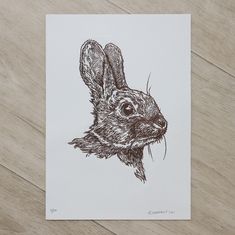 a black and white drawing of a rabbit's head on a piece of paper