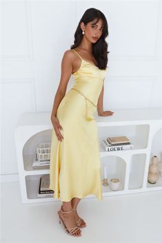 Length from shoulder to hem of size S: 132cm. Chest 40cm, Waist 32cm, size S. Maxi dress. Semi-lined. Model is a standard XS and is wearing size XS. True to size. Non-stretch. Satin. Open-back. Zipper. Cold hand wash only. Polyester. Be ready to set trends in the Feels Like Luxe Maxi Dress. Featuring a silky silhouette and a gorgeous open-back design. Style with heels and curls to impress. Yellow Fitted Midi Slip Dress, Yellow Midi Length Slip Dress For Party, Fitted Yellow Slip Dress Midi Length, Yellow Midi Length Slip Dress, In The Feels, Glitter Prom Dresses, Short Summer Dresses, Gowns Prom, Sequin Prom Dresses