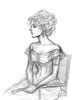 a drawing of a woman in a dress sitting on a chair with her hair pulled back