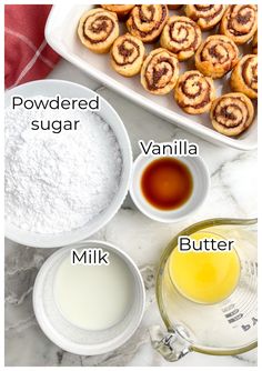 ingredients to make cinnamon buns on a table