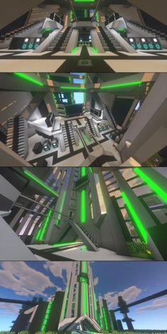 three different views of a futuristic building with green lights on the sides and stairs leading up to it