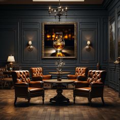 a wine glass sitting on top of a table next to two brown chairs and a chandelier