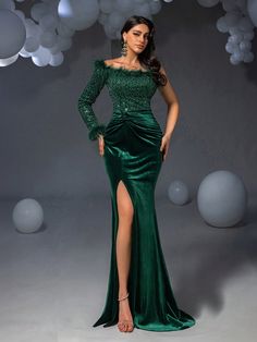 Plush Trim One Shoulder Split Thigh Formal Dress Dark Green Party  Long Sleeve Sequins Colorblock,Plain,All Over Print Bodycon Slight Stretch Fall/Winter Weddings & Events, size features are:Bust: ,Length: ,Sleeve Length: Dresses Emerald Green, Sparkle Decorations, Long Sleeve Prom, Effortless Hairstyles, Sequin Party Dress, Winter Weddings, Hair Makeover, Long Sleeve Sequin, Prom Dresses With Sleeves