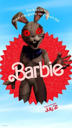 an animated rabbit with red eyes and the word barbie on it's chest, in front of a blue sky