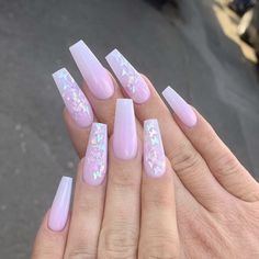 Pink And White Nails, Acrylic Nail Designs Coffin, Purple Acrylic Nails, Long Acrylic Nail Designs, Colorful Nails, Long Acrylic Nails Coffin, Coffin Shape Nails, Long Square Acrylic Nails