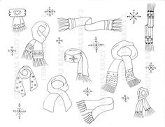 the winter hats and scarfs are drawn in black ink on white paper with snowflakes