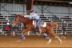 a woman riding on the back of a brown horse in an indoor arena at a rodeo