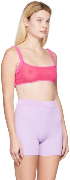 Paneled knit and rib knit stretch nylon-blend bra. · Square neck · Fixed shoulder straps · Unlined Part of the Le Papier collection. Supplier color: Pink Seamless Nylon Crop Top, Seamless Fitted Nylon Bra, Seamless Cropped Fitted Bra, Trendy Fitted Seamless Bra, Fitted Seamless Cropped Bra, Summer Nylon Crop Top With Seamless Construction, Summer Seamless Nylon Crop Top, Pink Nylon Bra, Fitted Nylon Crop Top Bra Friendly