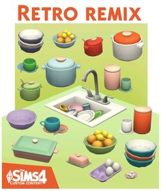 an image of a kitchen scene with the words retro remix on top of it