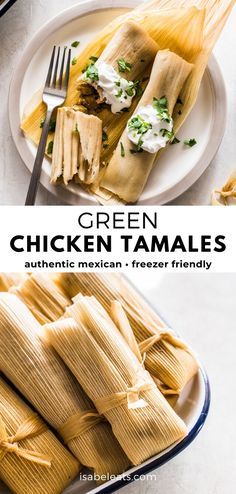 green chicken tamales on a plate with a fork