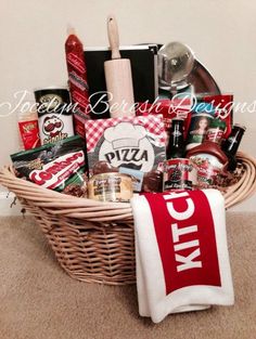 a basket filled with food and condiments sitting on top of a carpeted floor