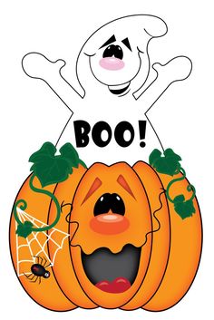 a cartoon pumpkin with a ghost on it and the words boo written in front of it