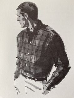 a black and white drawing of a man in a plaid shirt with his hands on his hips