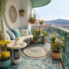 the balcony is decorated with potted plants and flowers