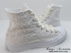 "Beautiful and Romantic wedding sneaker are a perfect accessories for your Special day . These Wedding Chuck Taylor All Star High Top White Converse are embellished with Ivory Embroidery lace .. Satin Ribbon Shoe lace for Tying *Note that these shoes run in half-sizes. Handmade to order, so please allow me enough time before your wedding date. Orders are processed and shipped within 5-6 WEEKS of payment., large orders may take longer ..Please allow an additional 2-5 days. Domestic Shipping will Sneakers For Bride, Lace Converse, Wedding Sneakers For Bride, Ribbon Shoe Laces, Lace Toms, Converse Wedding, Bridal Converse, Ribbon Shoes, Converse High Top