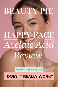 A smiling woman with clear, glowing skin and a pink background, used for a review on the effectiveness of azelaic acid in skincare. Real Skin, The Hype