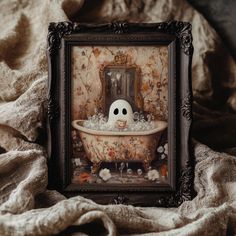 a painting of a skeleton in a bathtub with flowers on the floor and an old fashioned frame