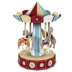 an amusement park carousel with horses and giraffes on the top, isolated against a white background